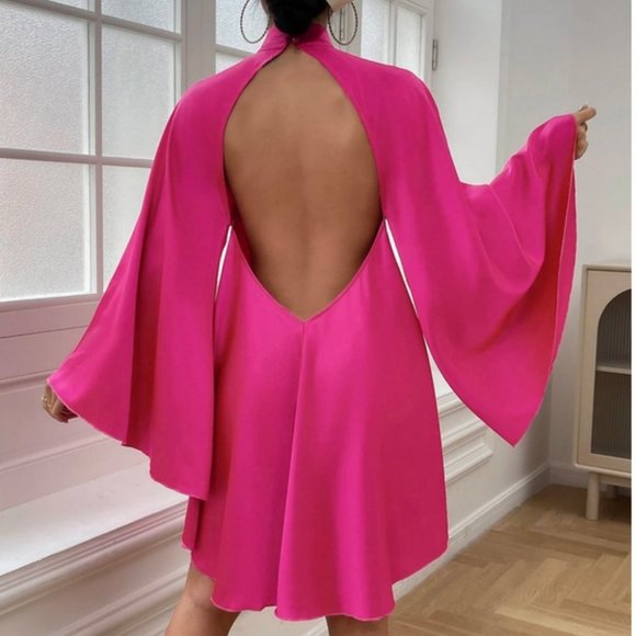 Pink Mock Neck  statement Trumpet Sleeved Backless Mini Dress - Picture 3 of 5